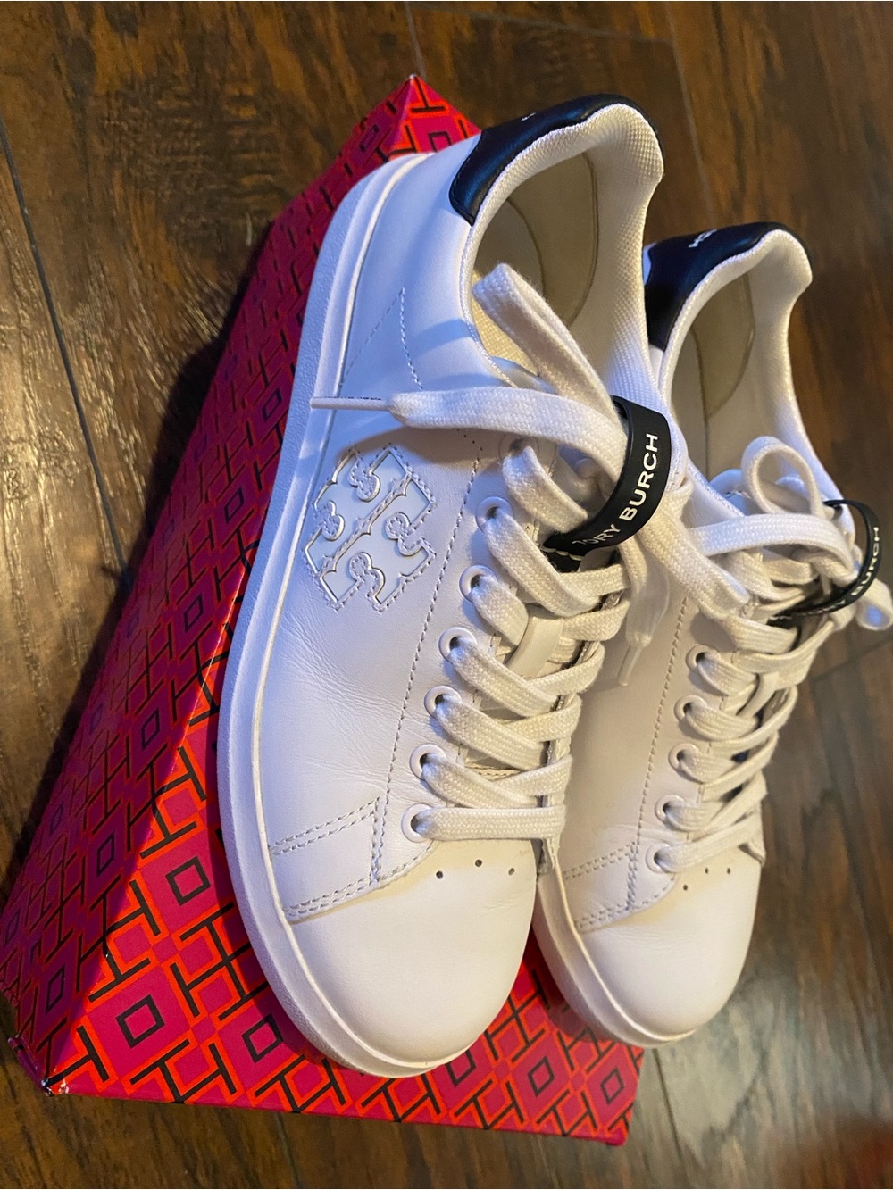 Tory Burch White Leather Sneakers with Navy Heel Tab